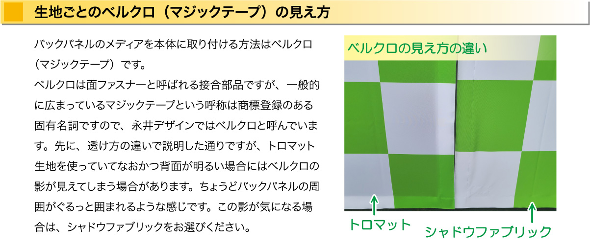 生地ごとのベルクロ（マジックテープ）の見え方