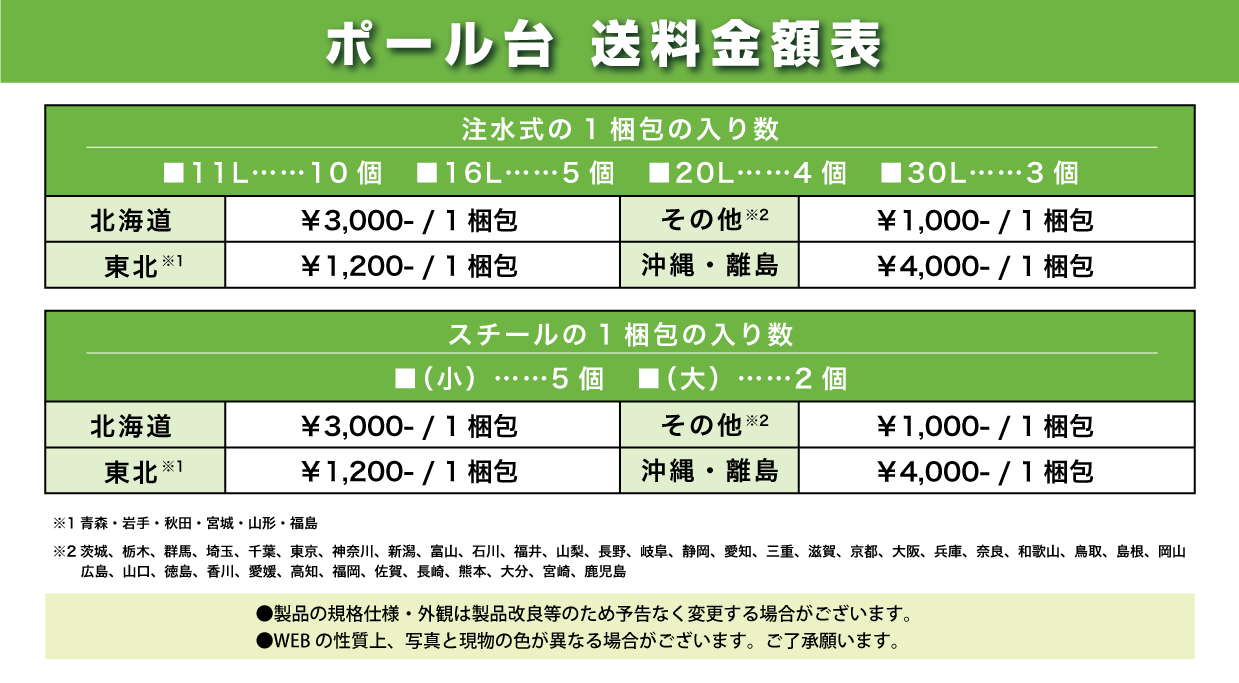 ポール台 送料金額表