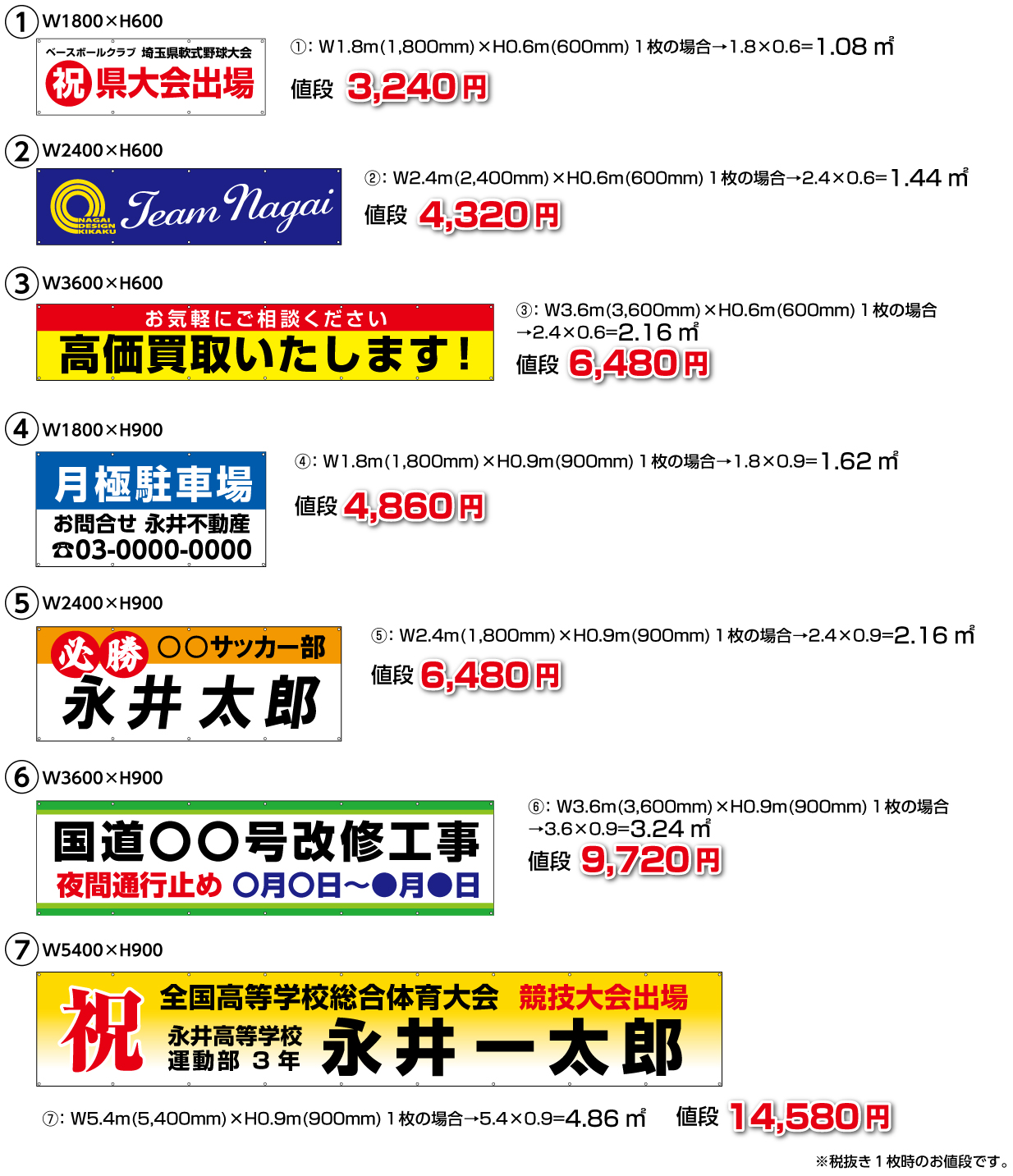 一般的なサイズと価格例
