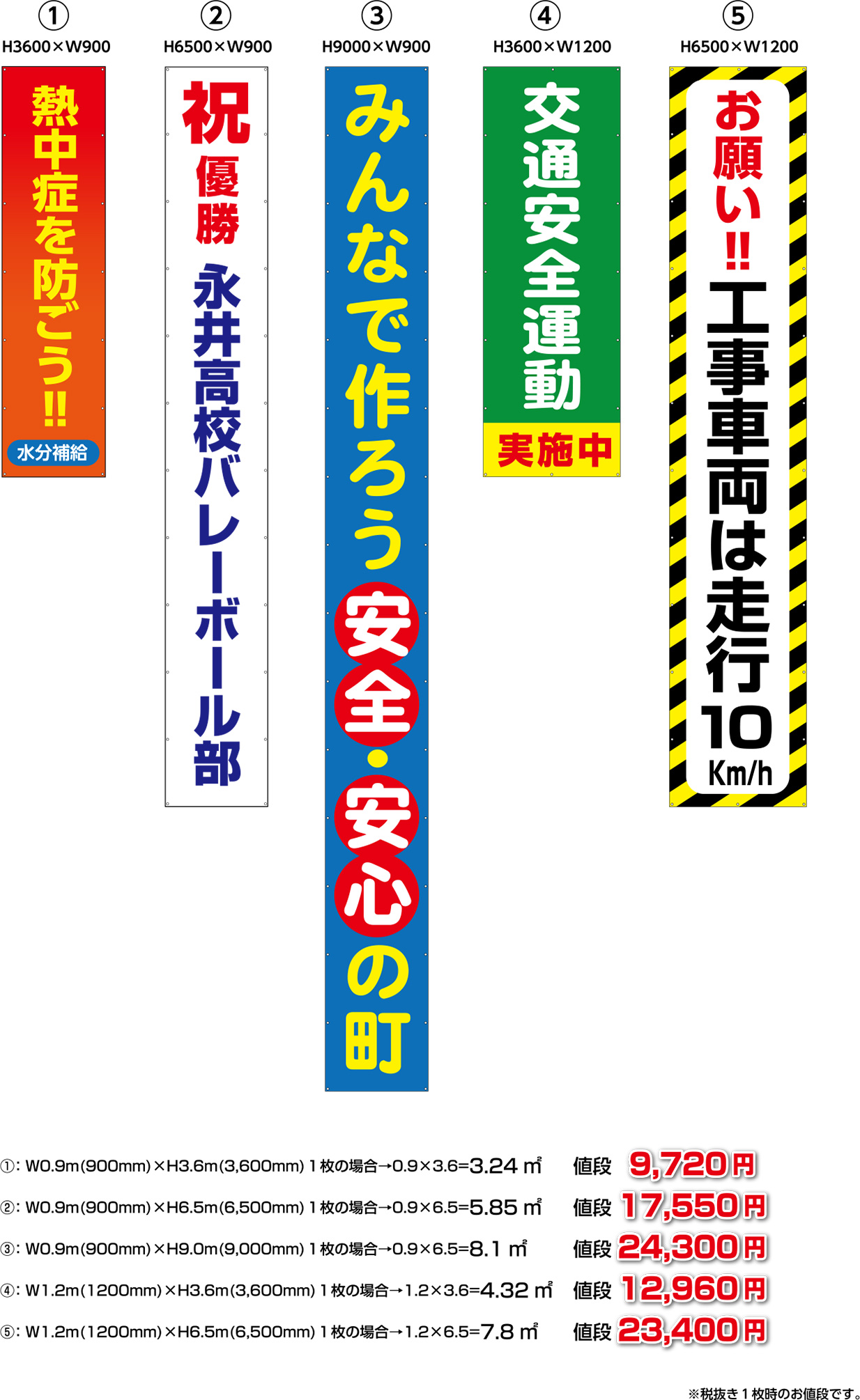 一般的なサイズと価格例